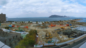 高松シンボルタワーから望む「新香川県立体育館（仮称）」の建設現場